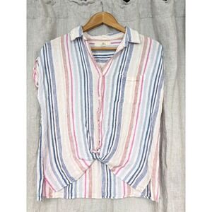 Cloth & Stone Striped Button Down Shirt Twist Front Short Sleeve Linen Blend L